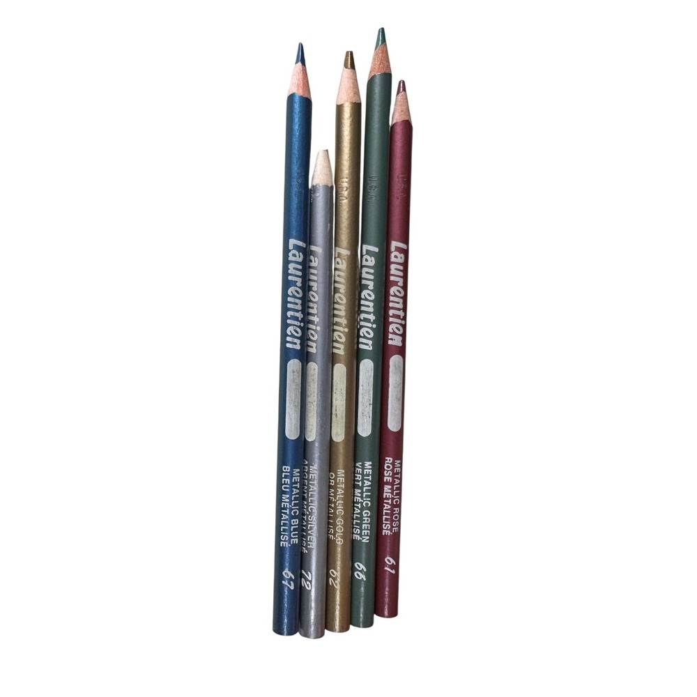 Vintage Laurentien Metallic Colored Pencils Set of 5 Gold Silver Blue Green Rose